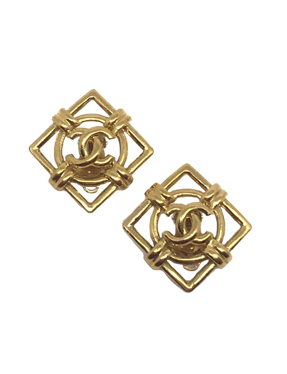 Boucles d'oreille CHANEL carrées dorées CC