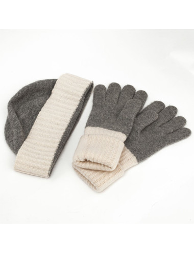 Set bonnet et gants CHANEl en cachemire blanc et gris 2
