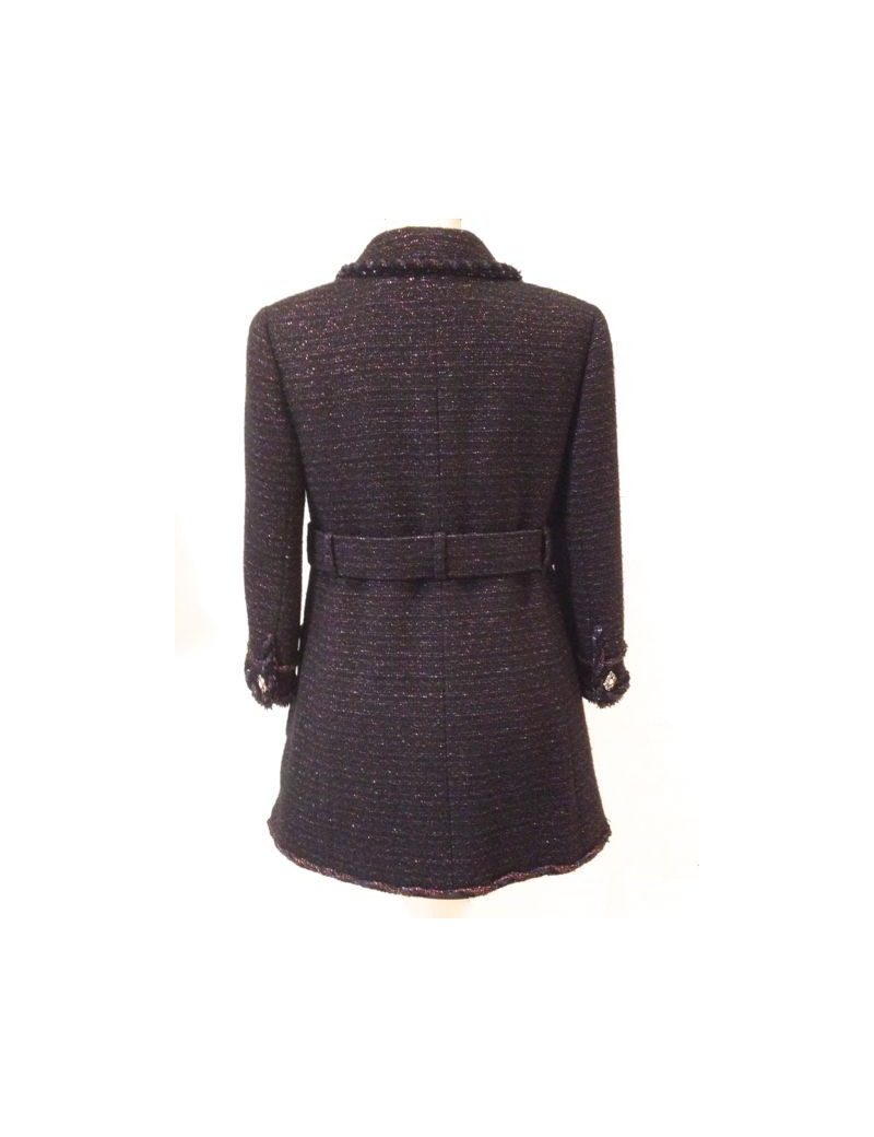 Veste CHANEL en tweed noir et rouge irisé avec ceinture