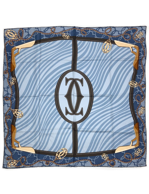 CARTIER blue and brown silk square scarf