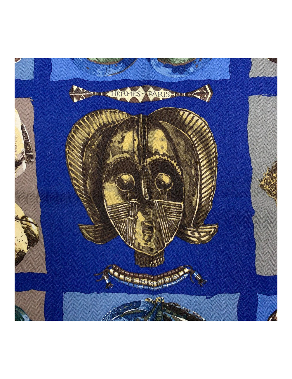 Foulard HERMES "Persona" bleu et marron