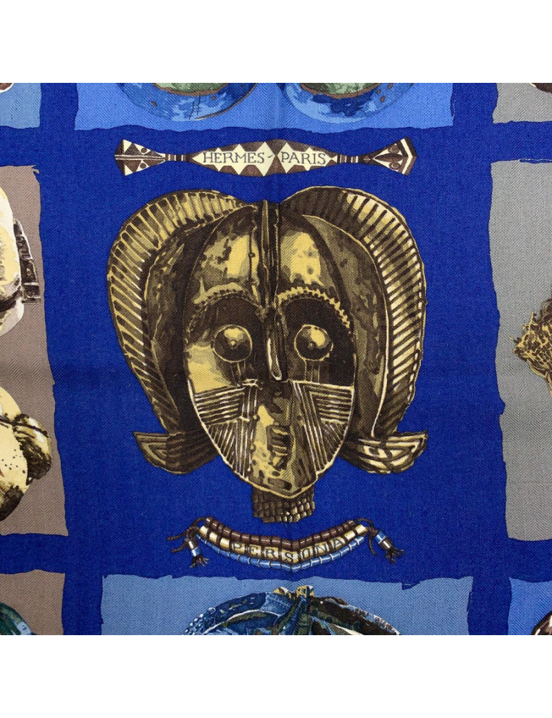 Foulard HERMES "Persona" bleu et marron