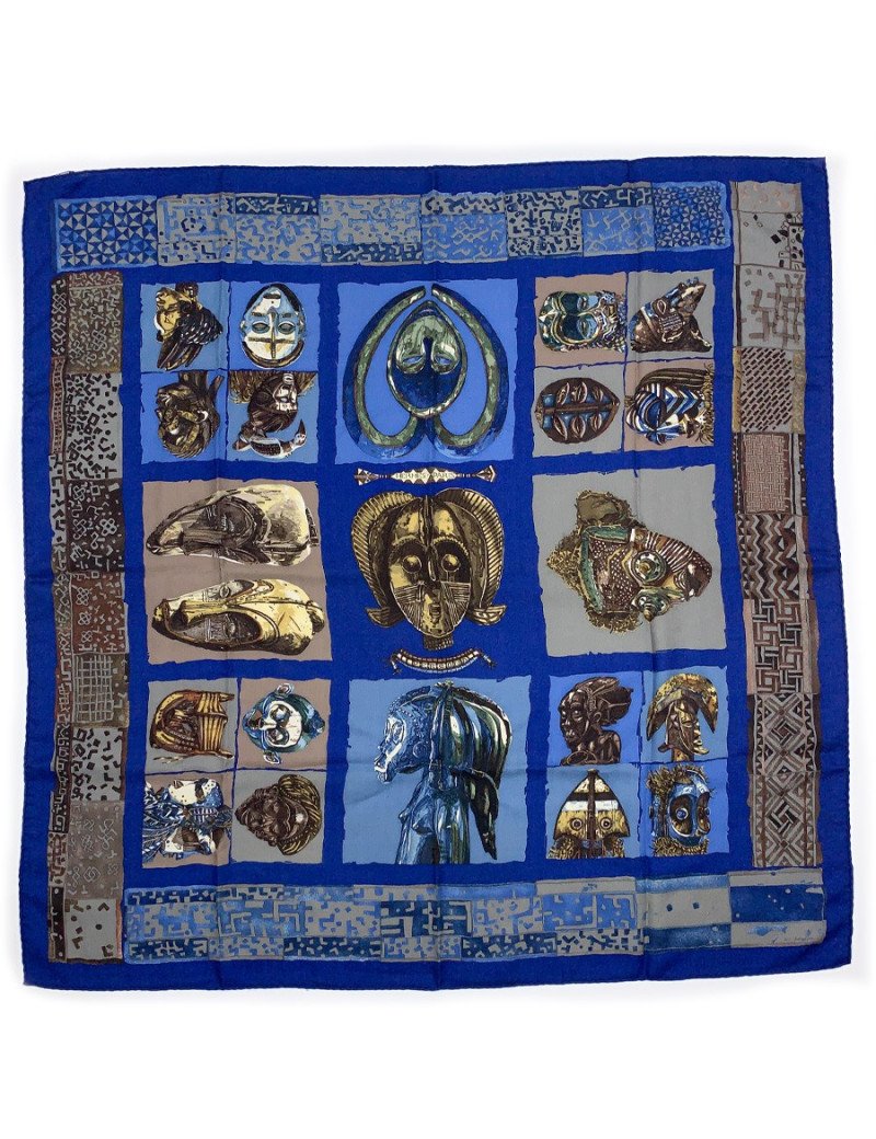 Foulard HERMES "Persona" bleu et marron