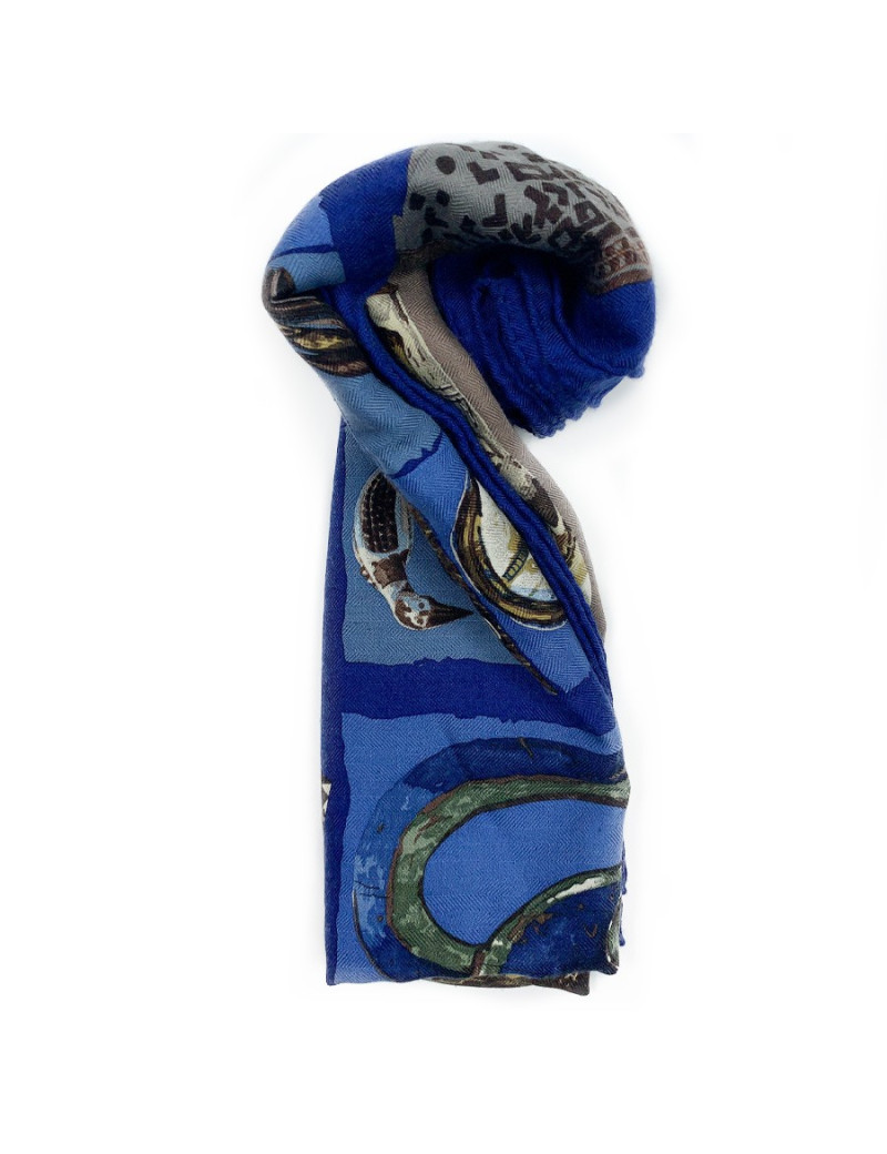 Foulard HERMES "Persona" bleu et marron