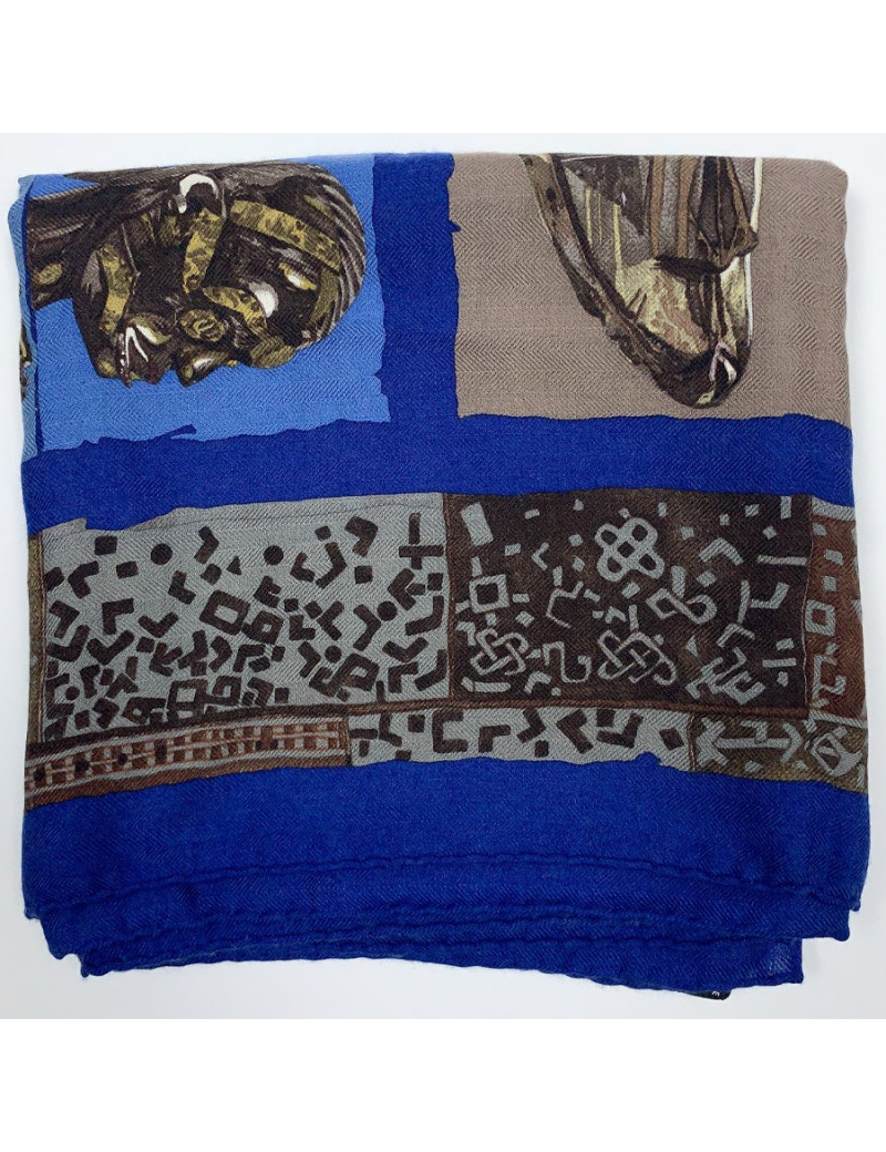Foulard HERMES "Persona" bleu et marron