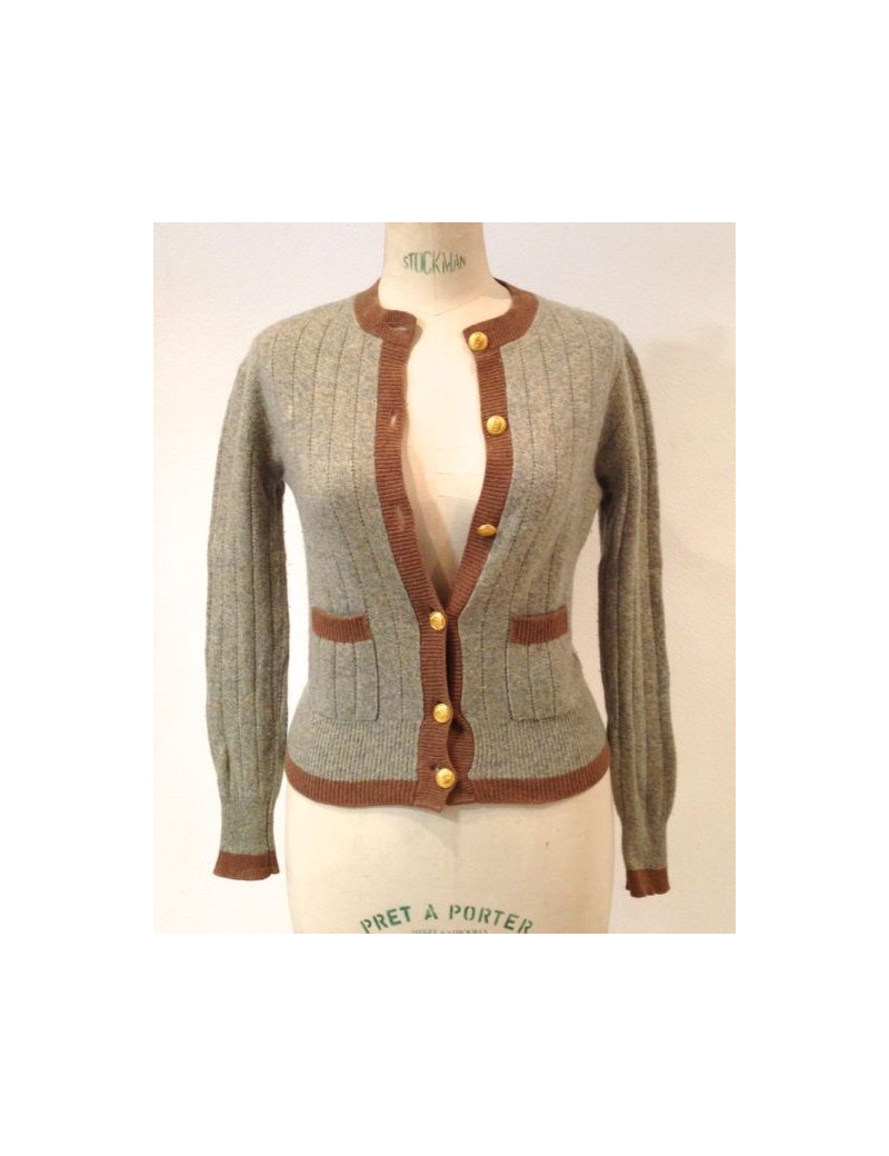 Gilet CHANEL en maille bleu ciel et marron