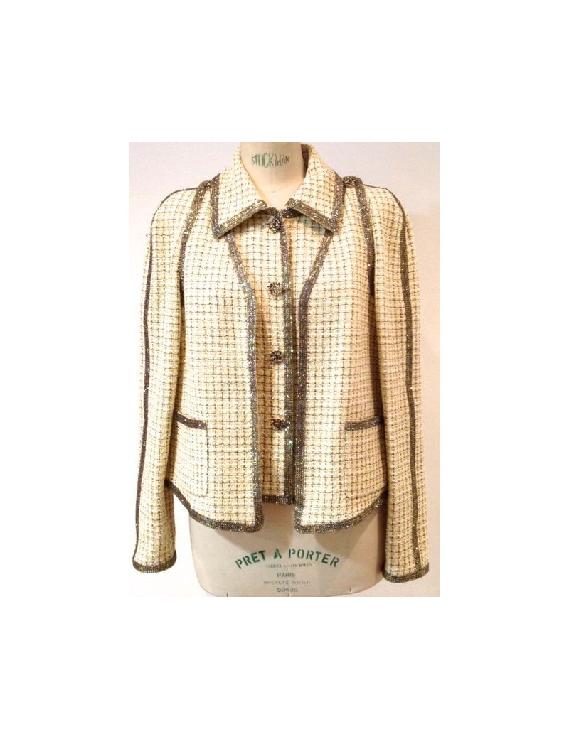 Veste CHANEL en tweed beige ornée de strass Paris-Bombay T 42