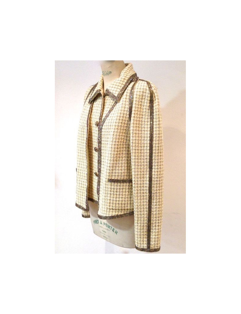 Veste CHANEL en tweed beige ornée de strass Paris-Bombay T 42