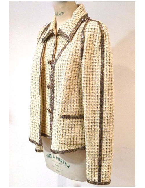Veste CHANEL en tweed beige ornée de strass Paris-Bombay T 42
