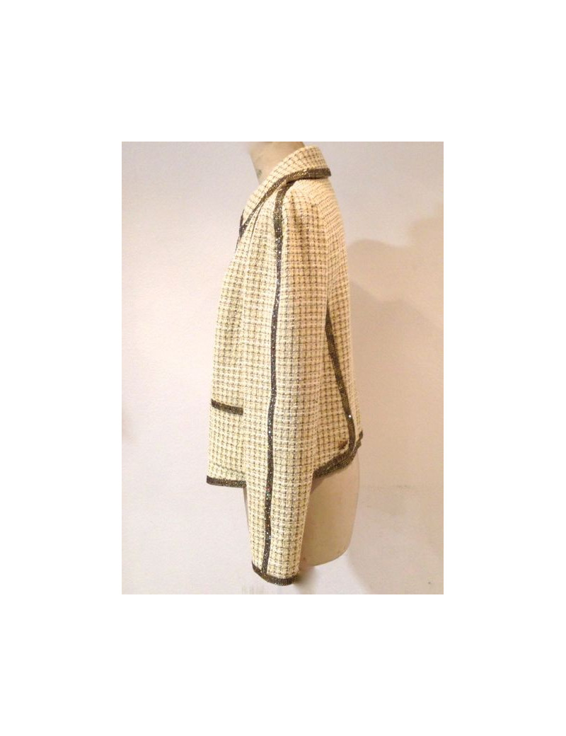 Veste CHANEL en tweed beige ornée de strass Paris-Bombay T 42