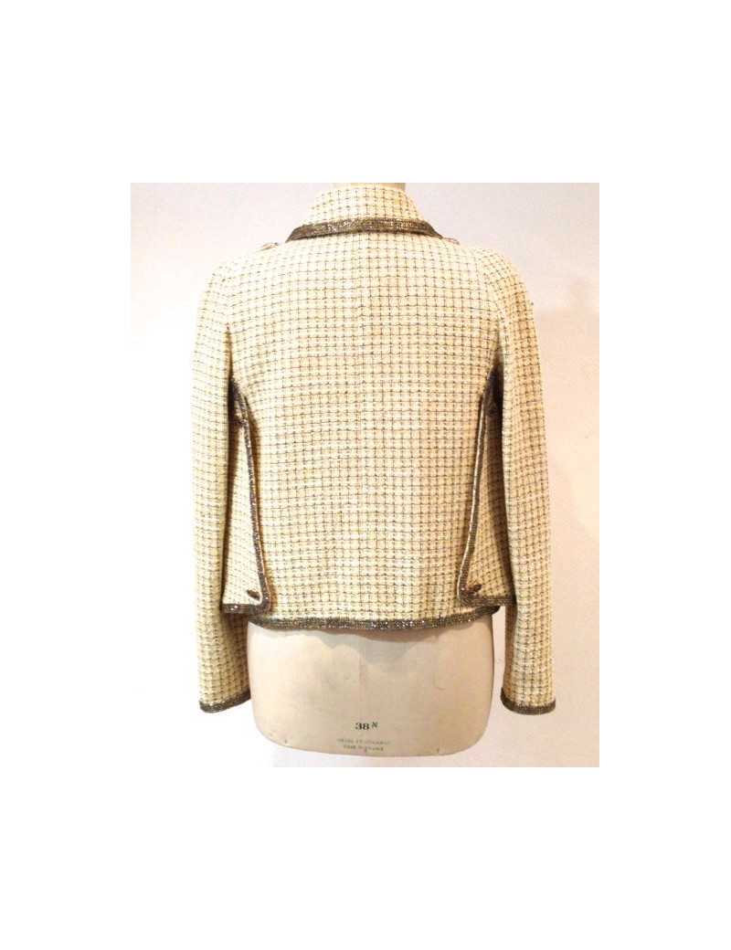 Veste CHANEL en tweed beige ornée de strass Paris-Bombay T 42