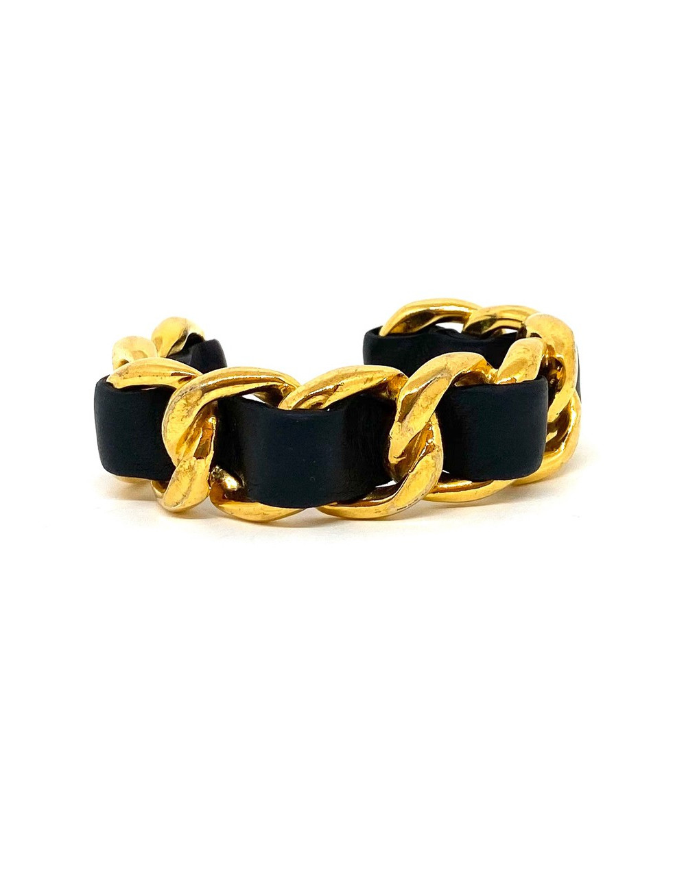 Bracelet CHANEL cuir noir et chaîne dorée