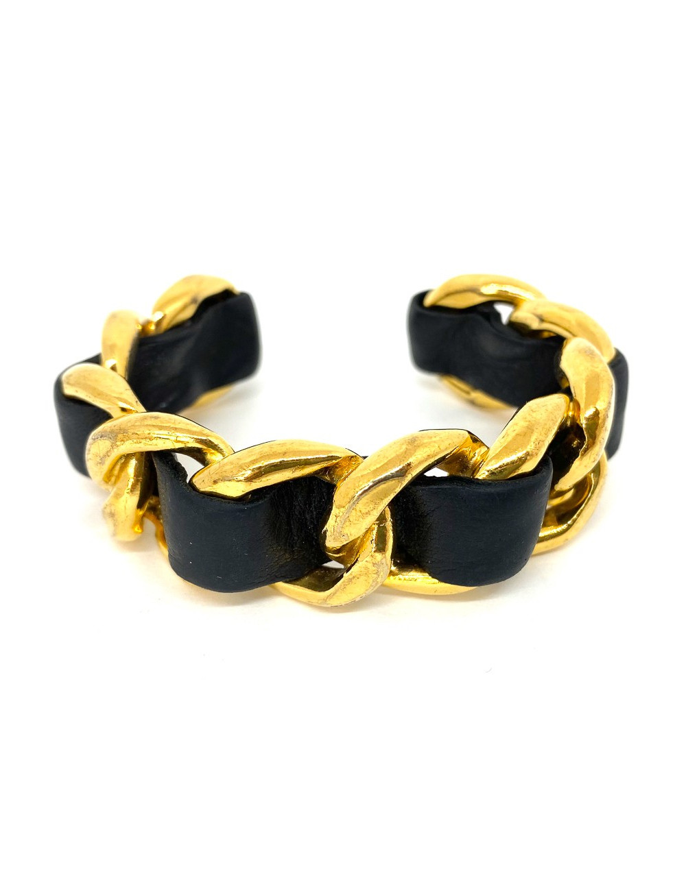 Bracelet CHANEL cuir noir et chaîne dorée
