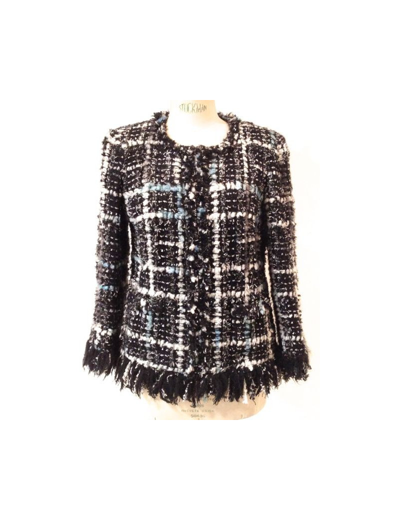 Veste CHANEL en tweed noir, blanc, et turquoise T 40