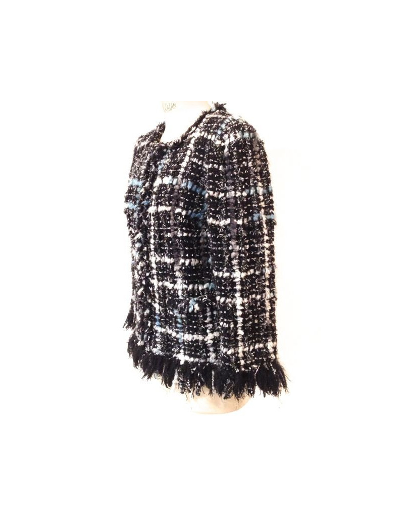 Veste CHANEL en tweed noir, blanc, et turquoise T 40