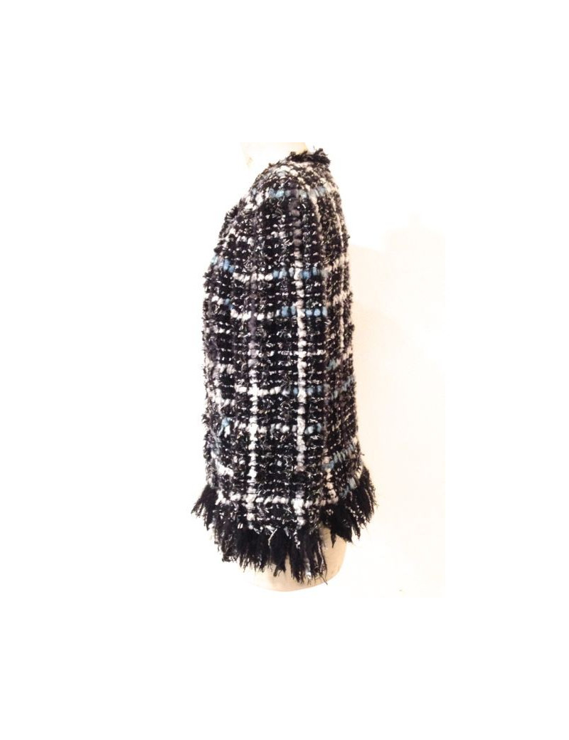 Veste CHANEL en tweed noir, blanc, et turquoise T 40