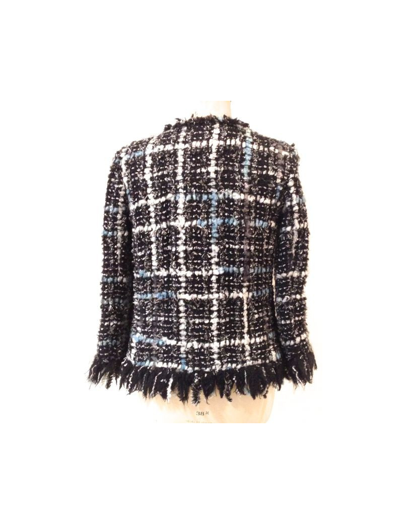 Veste CHANEL en tweed noir, blanc, et turquoise T 40