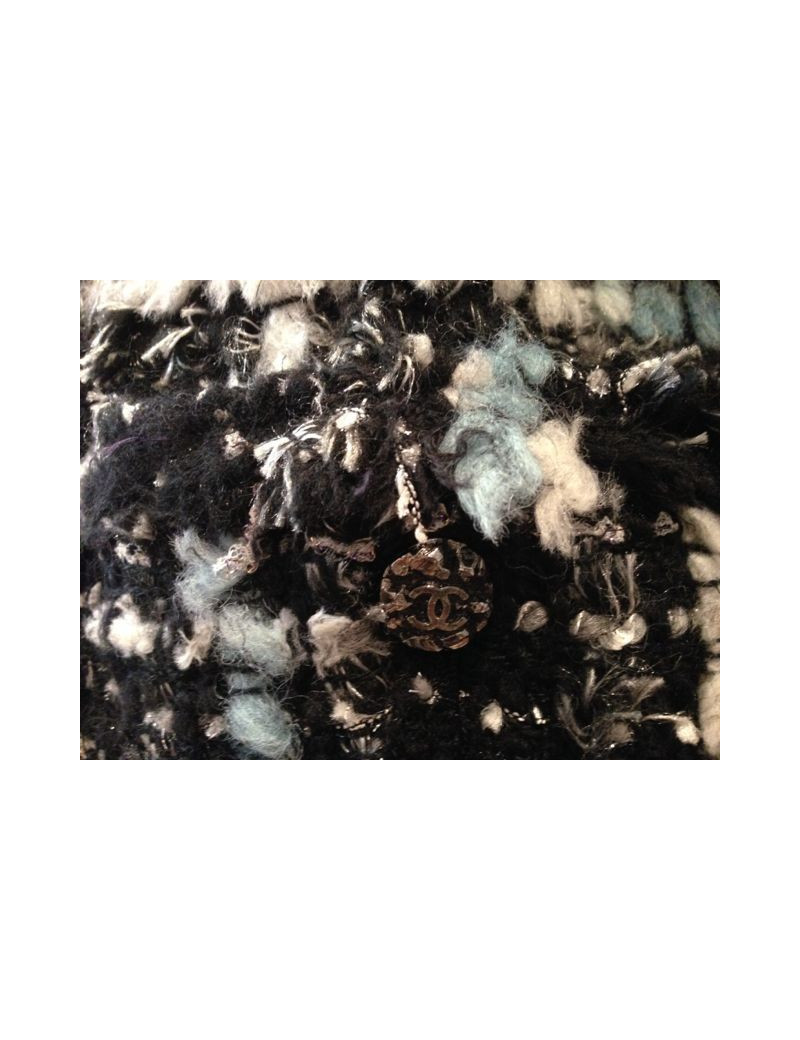 Veste CHANEL en tweed noir, blanc, et turquoise T 40