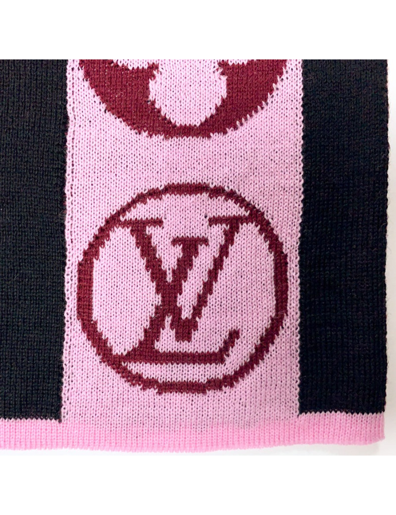 Echarpe LOUIS VUITTON noire et Mongram rose et bordeaux