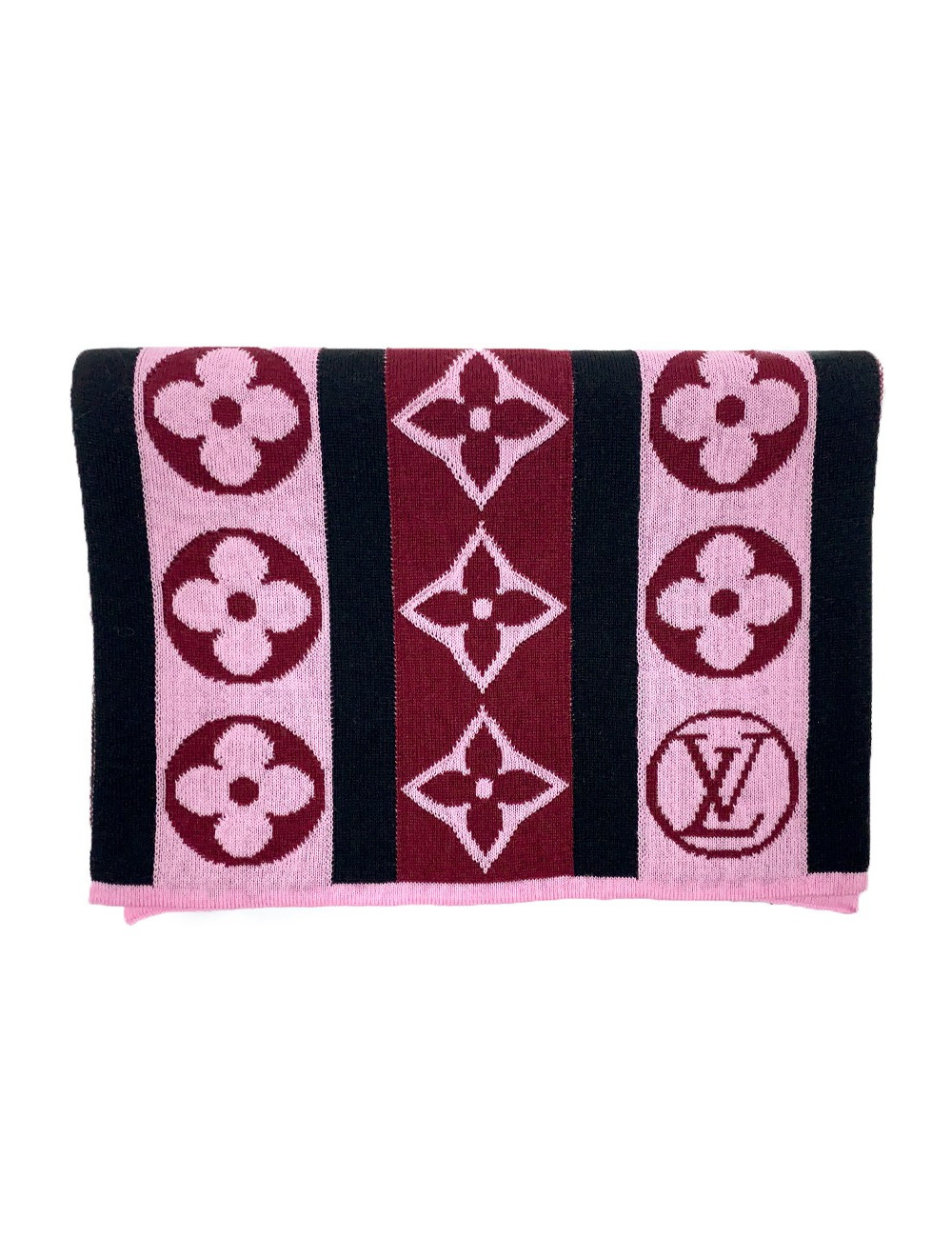 LOUIS VUITTON Echarpe noire et Monogram rose et bordeaux