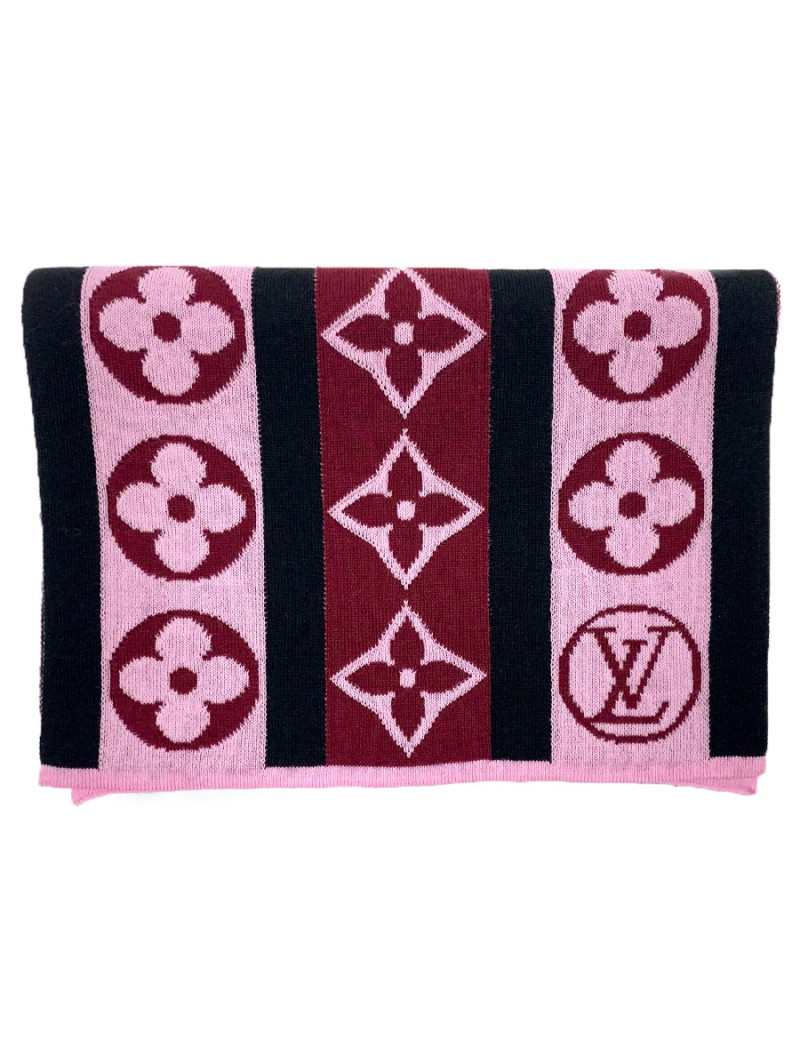 Echarpe LOUIS VUITTON noire et Mongram rose et bordeaux
