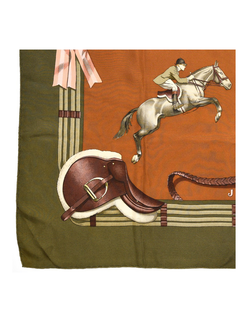 Carré HERMES "Jumping" en soie kaki et marron