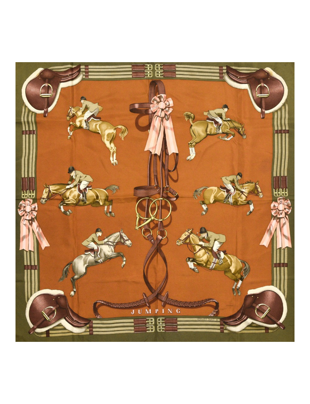 Carré HERMES "Jumping" en soie kaki et marron