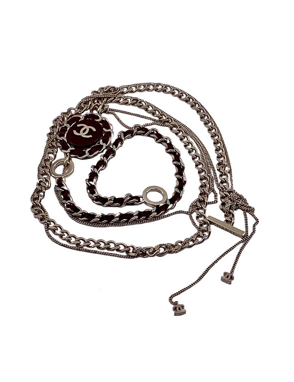 CHANEL Sautoir chaine et cuir bordeaux