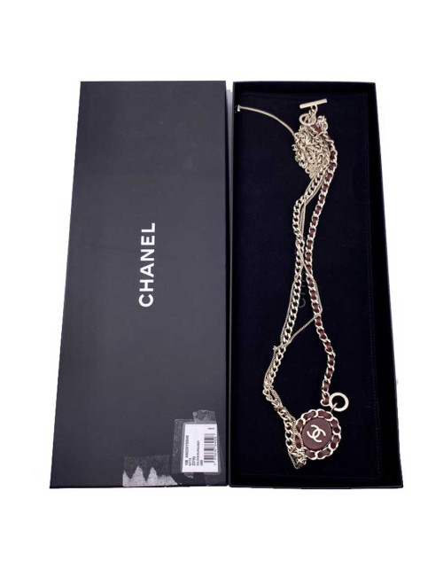 CHANEL leather and chain long necklace