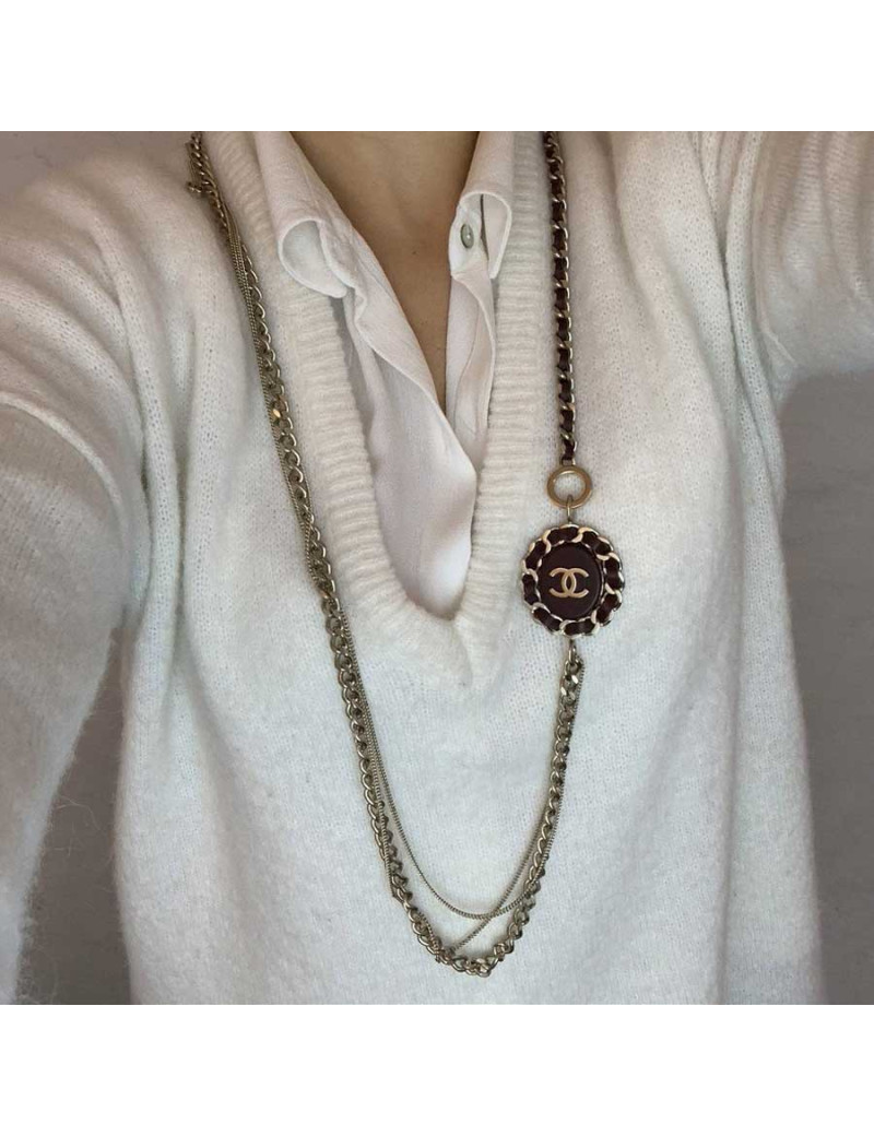 CHANEL leather and chain long necklace