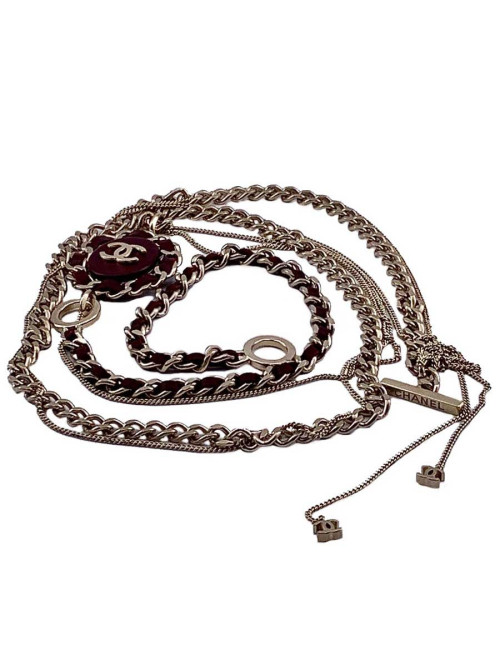 CHANEL leather and chain long necklace
