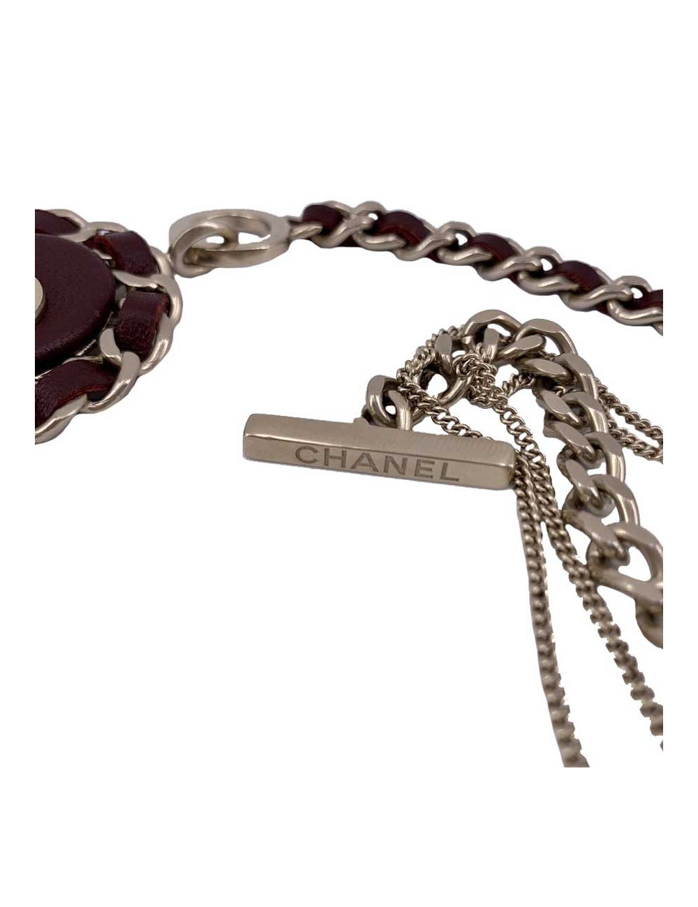 CHANEL Sautoir chaine et cuir bordeaux