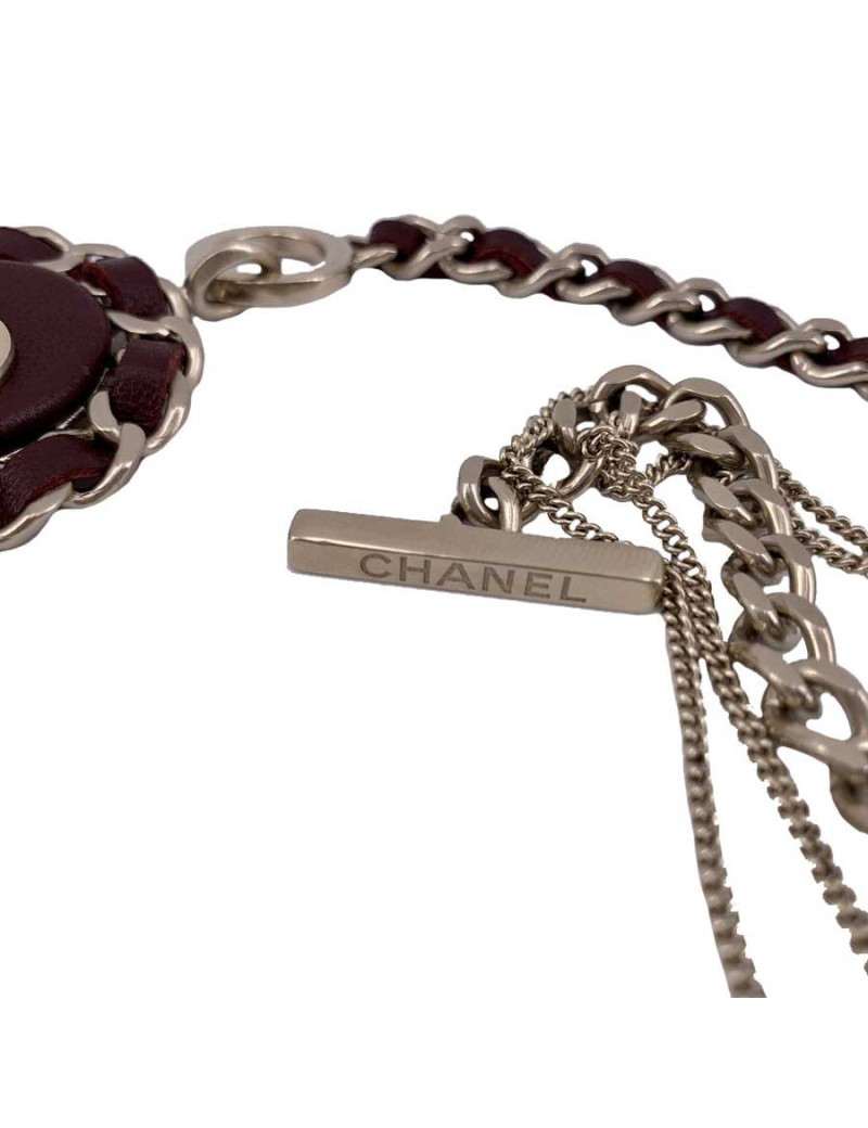 CHANEL Sautoir chaine et cuir bordeaux