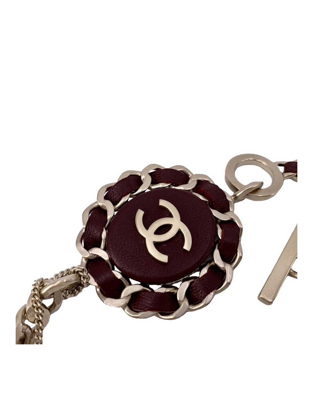 CHANEL Sautoir chaine et cuir bordeaux