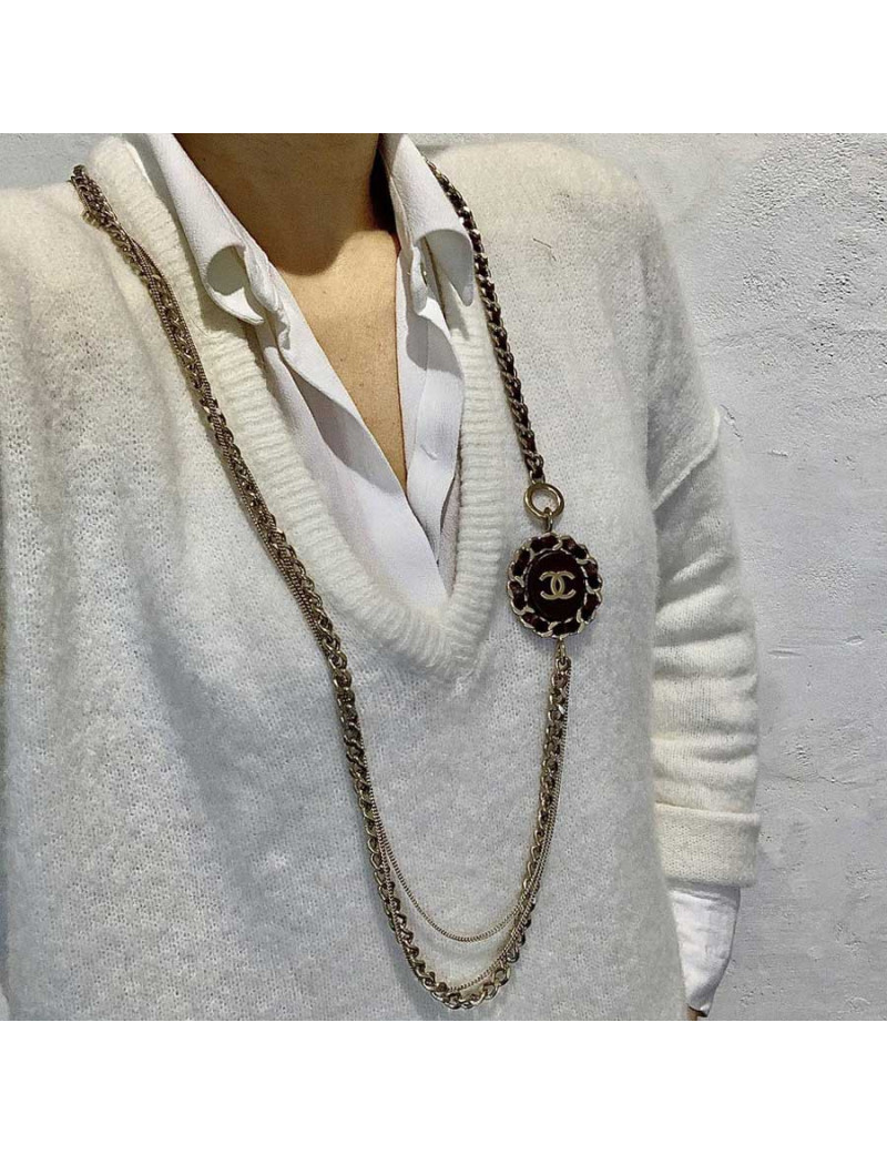 CHANEL leather and chain long necklace