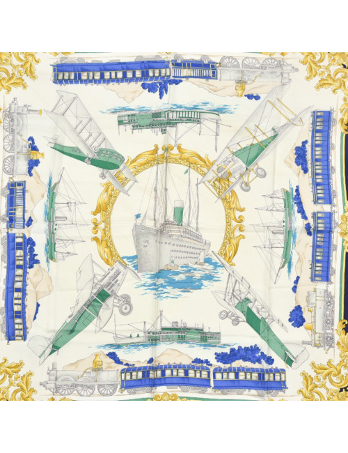 Foulard Celine soie motifs bateau train avion