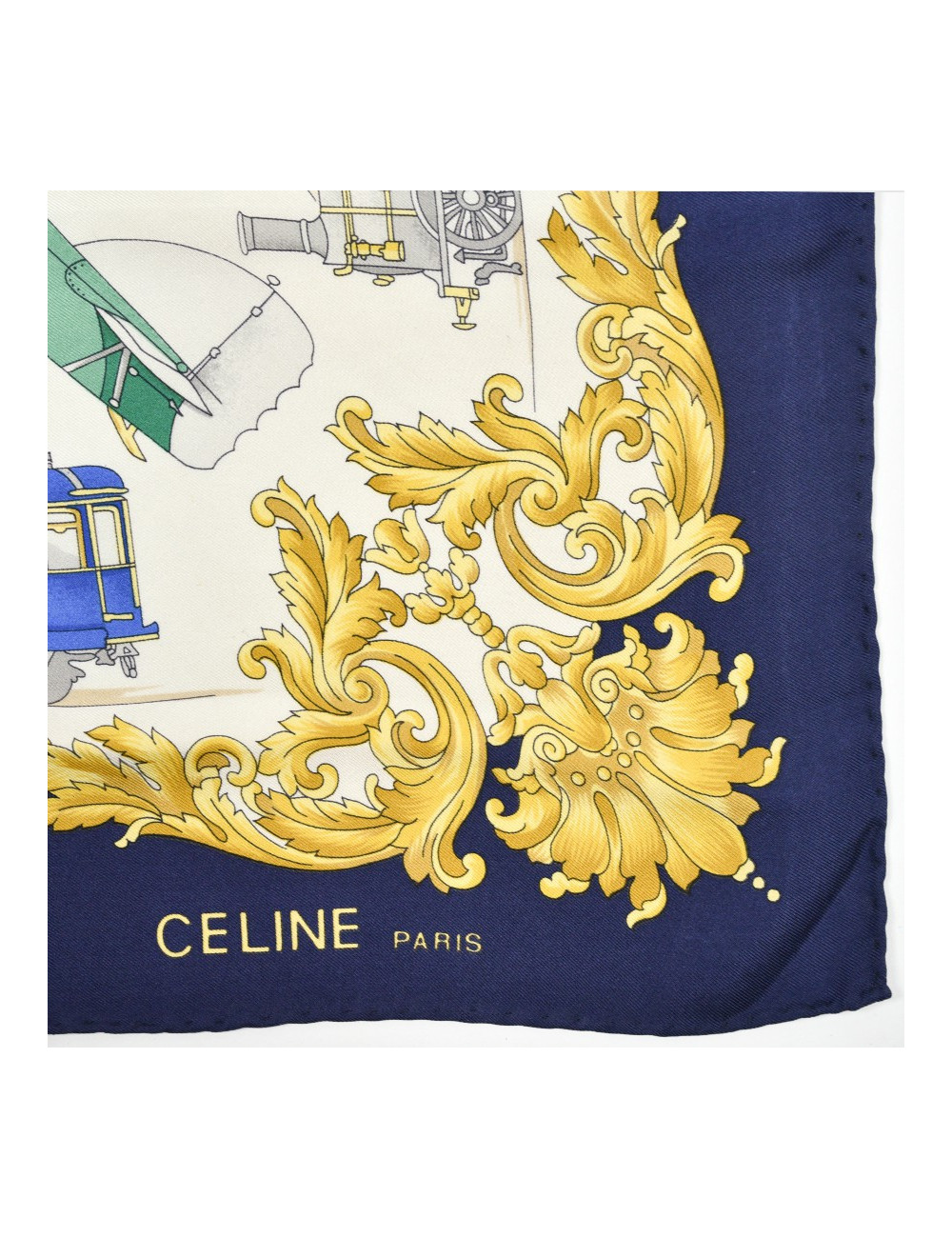 Foulard Celine soie motifs bateau train avion