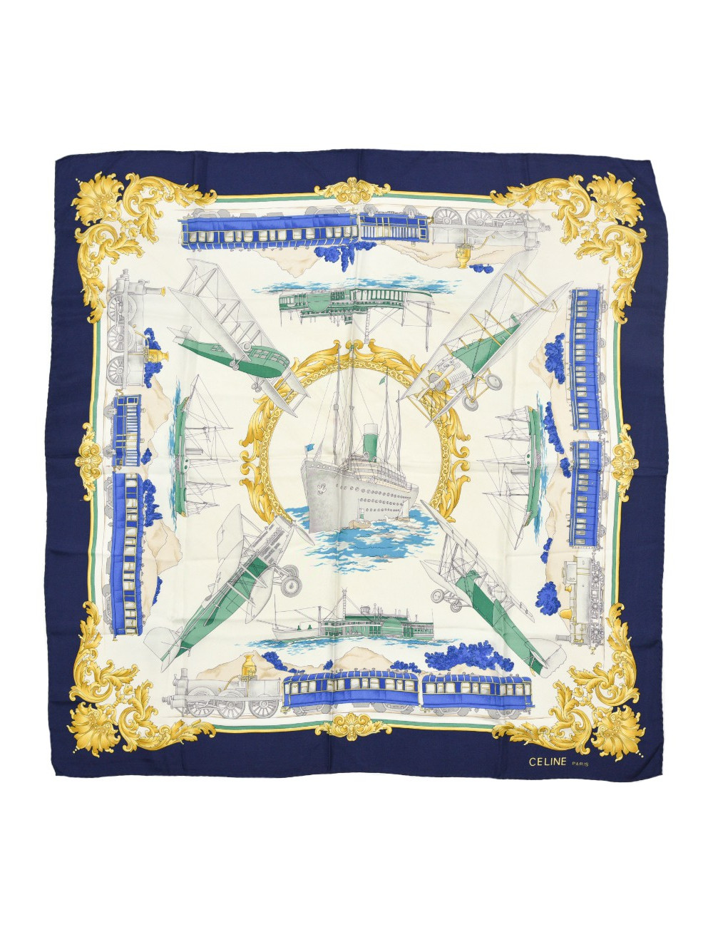 Foulard Celine soie motifs bateau train avion