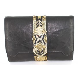 BALMAIN wallet black leather, gold and silver embroidery