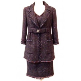 Jacket-dress CHANEL in tweed black and Red iridescent with belt
