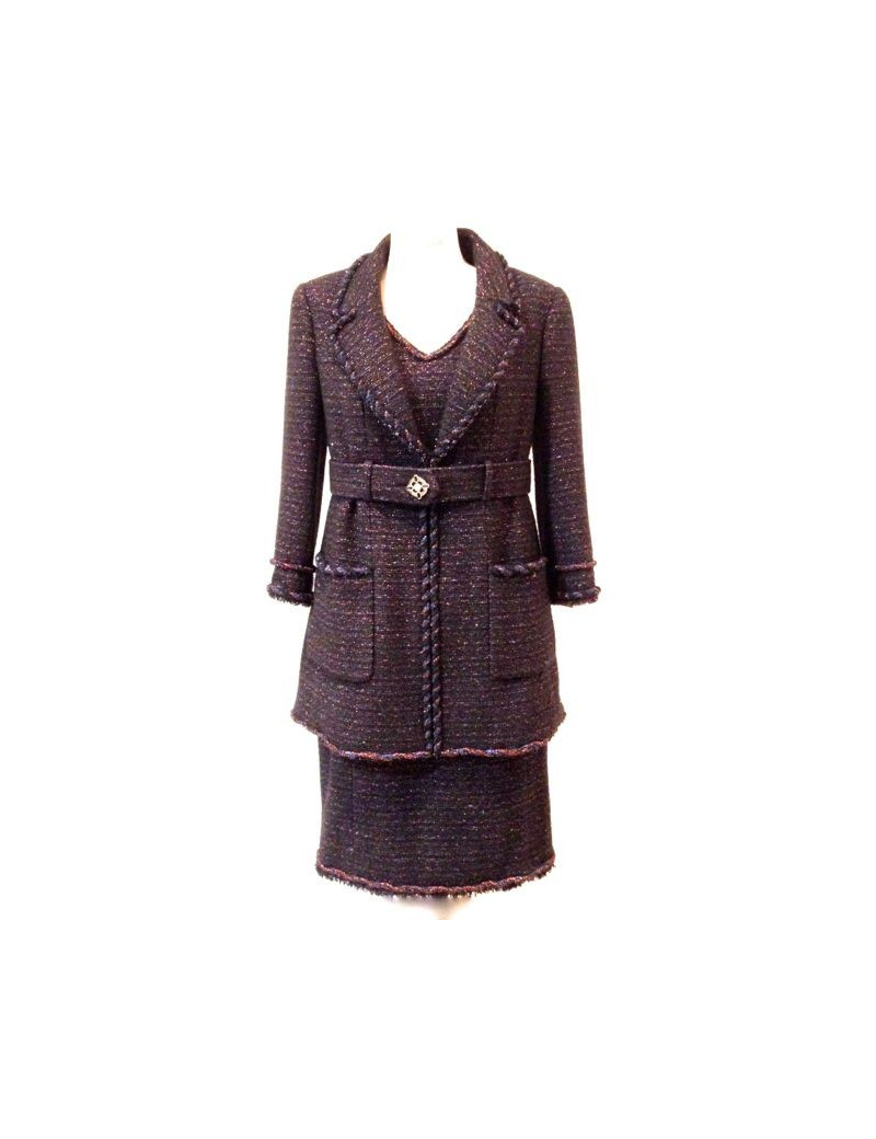 Veste-robe CHANEL en tweed noir et rouge irisé avec ceinture