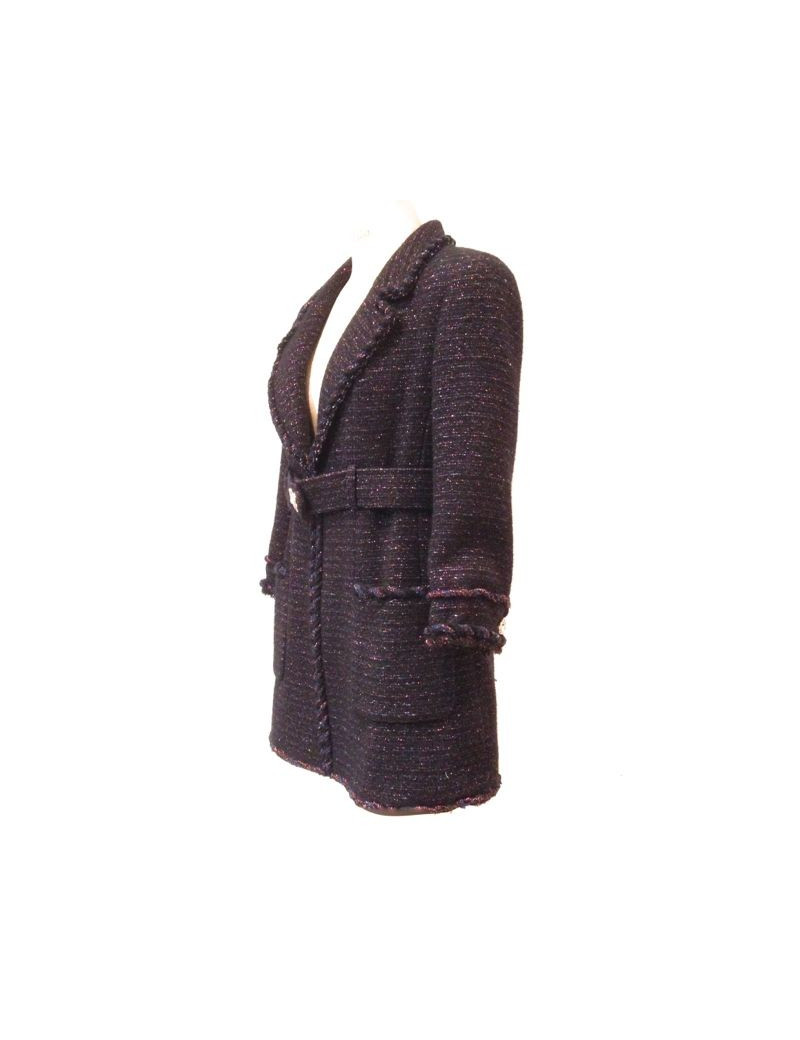 Veste CHANEL en tweed noir et rouge irisé avec ceinture