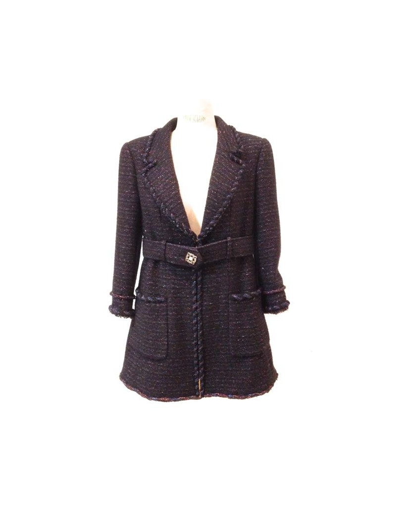 Veste-robe CHANEL en tweed noir et rouge irisé avec ceinture