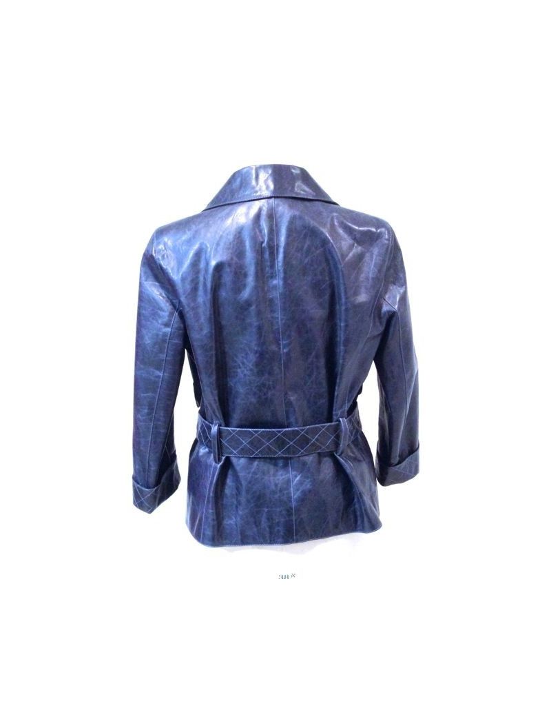 Veste CHANEL en cuir de veau bleu délavé avec ceinture