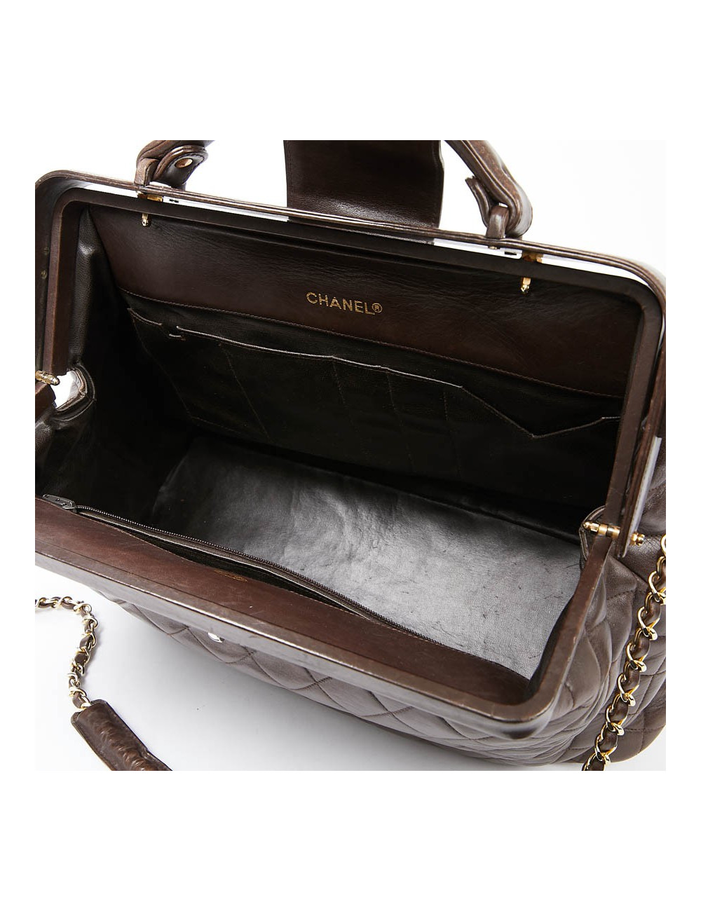 Malette CHANEL cuir matelassé marron Vintage