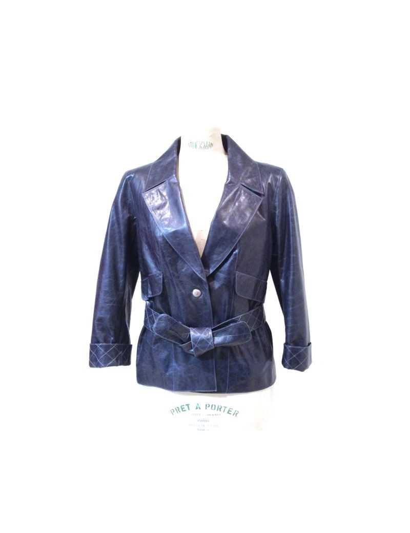 Veste CHANEL en cuir de veau bleu délavé T 42