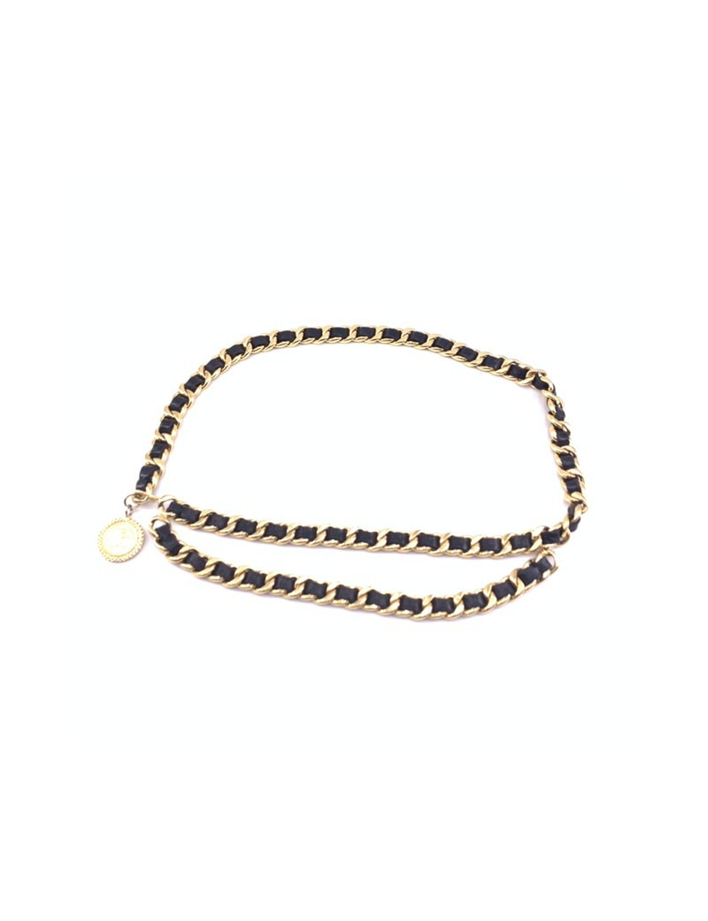 Ceinture CHANEL double rangs métal doré et cuir noir vintage
