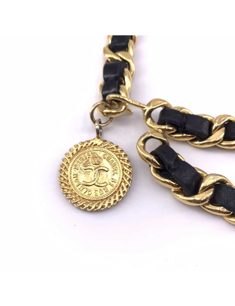 Ceinture CHANEL double rangs métal doré et cuir noir vintage