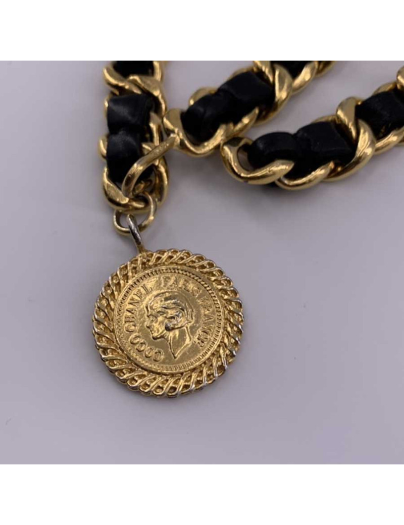 Ceinture CHANEL double rangs métal doré et cuir noir vintage