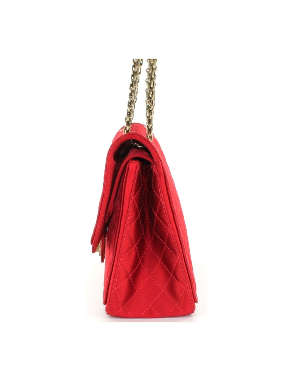 Sac CHANEL 2.55 en satin rouge matelassé et chaîne bronze